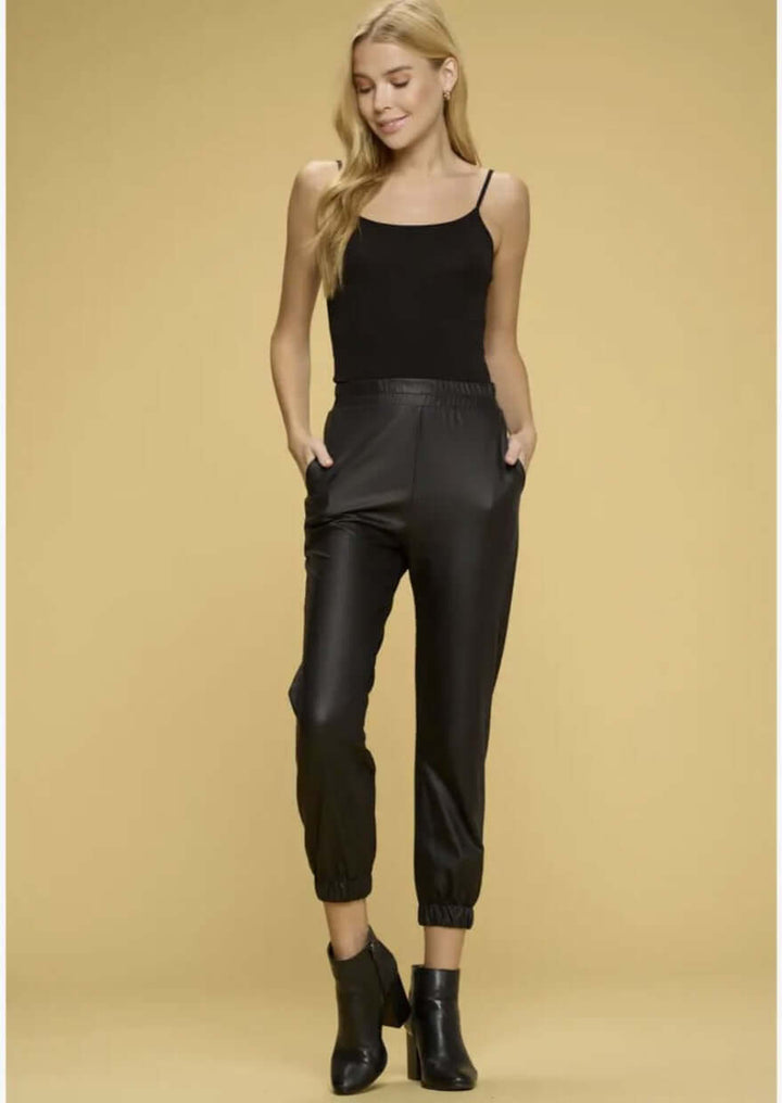 USA Made Black Faux Leather Jogger Style Pants Side Pockets Medium Weight Material Pull on Style with Elastic Waist | Renee C Style# 4122PTA