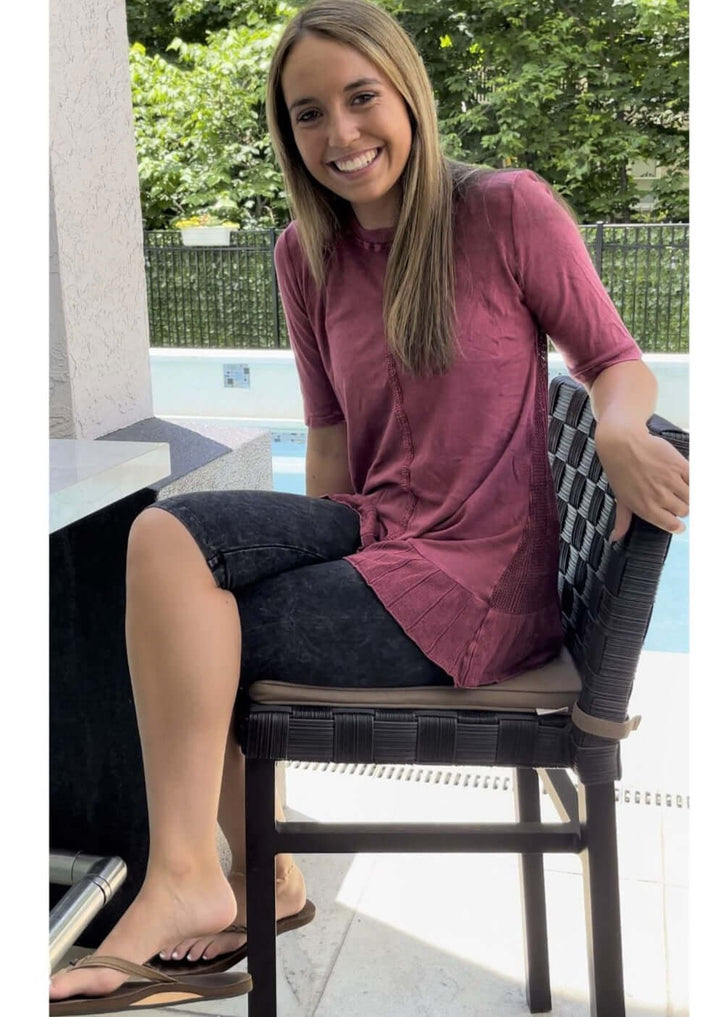 USA Made Feminine Flare Ladies Mineral Washed Tunic with Ruffle Hem & Pointelle Knit Back made of 50% Cotton & 50% Modal | Classy Cozy Cool Women's Made in America Clothing Boutique