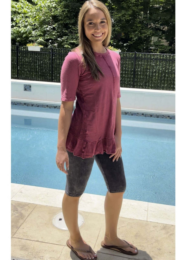 USA Made Feminine Flare Ladies Mineral Washed Tunic with Ruffle Hem & Pointelle Knit Back made of 50% Cotton & 50% Modal | Classy Cozy Cool Women's Made in America Clothing Boutique