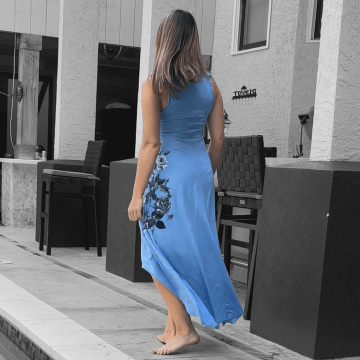 Made in USA Women's High Low Lightweight Summer Beach Dress Floral Black & White Detail in Light Blue | Classy Cozy Cool Made in America Boutique