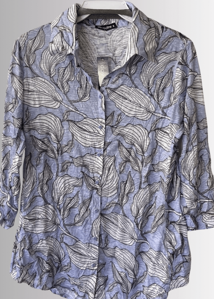 David Cline Blue Floral Rhinestone Embellished Snap Down Crushed Texture Collared Shirt | Made in USA | Women's Made in America Boutique