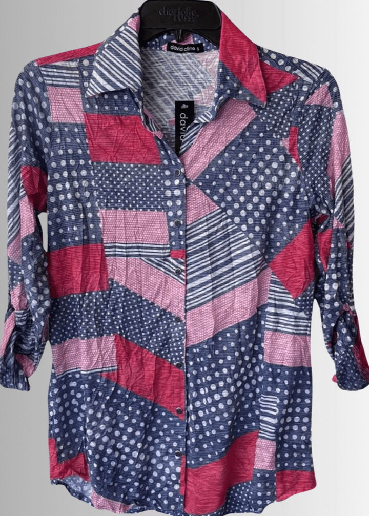 David Cline Patriotic Red, White & Blue Snap Down Crushed Texture Collared Shirt | Made in USA | Classy Cozy Cool Women's Made in America Boutique