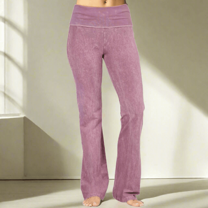 Women's Made in USA Mineral Washed Cotton Bootcut Jeggings with Fold Over Waistband in Dusty Rose | Style C30136 |Classy Cozy Cool Made in America Boutique