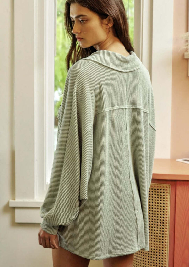 USA Made Ladies Ribbed Oversized Collared Button Down Henley Style Pullover With Large Front Pockets in Sage Green | Bucket List Clothing Style# T1578