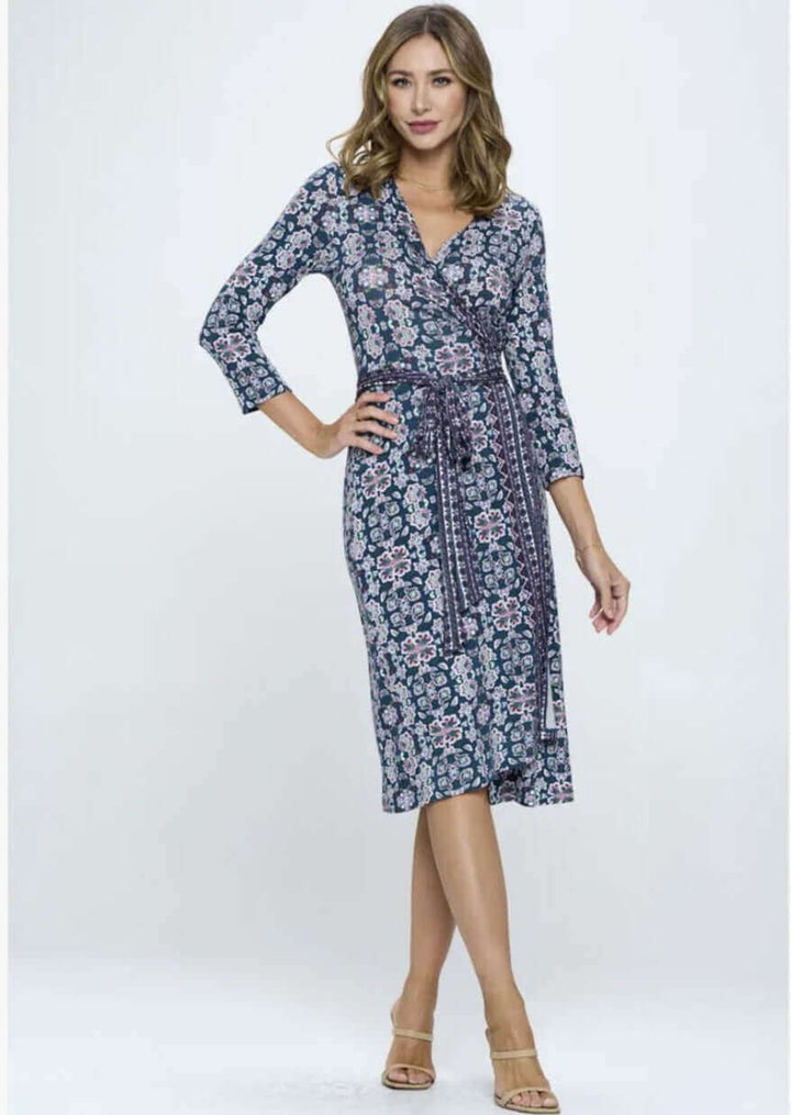 Beautiful Ladies Navy, Hunter Green & Magenta Floral Print Jersey Midi Wrap Dress with 3/4 Sleeves | Renee C. Style #4329DRR | Proudly Made in USA | Classy Cozy Cool Clothing Boutique
