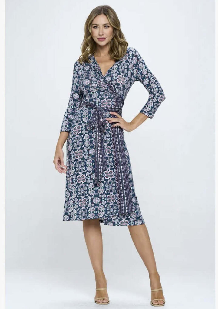 Beautiful Ladies Navy, Hunter Green & Magenta Floral Print Jersey Midi Wrap Dress with 3/4 Sleeves | Renee C. Style #4329DRR | Proudly Made in USA | Classy Cozy Cool Clothing Boutique