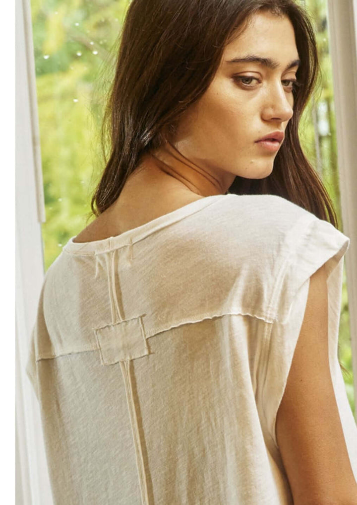 Bucket List Style# T1971 Ladies Muscle Sleeve Solid Jersey White Cotton Tee with Crew neckline & Raw Edge Details | Made in USA | Classy Cozy Cool Women's Made in America Clothing Boutique