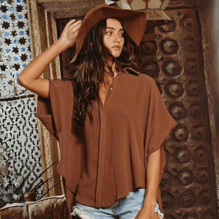 Bucket List Style T1702 Ladies Button Down Hidden Placket High Low Top in Coffee Brown | Made in USA |  Classy Cozy Cool Made in America Boutique