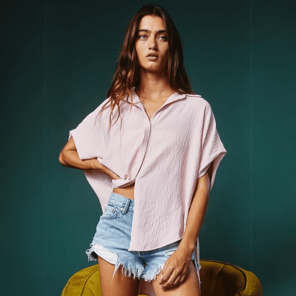 Bucket List Style T1702 Ladies Button Down Hidden Placket High Low Top in Blush Pink | Made in USA |  Classy Cozy Cool Made in America Boutique
