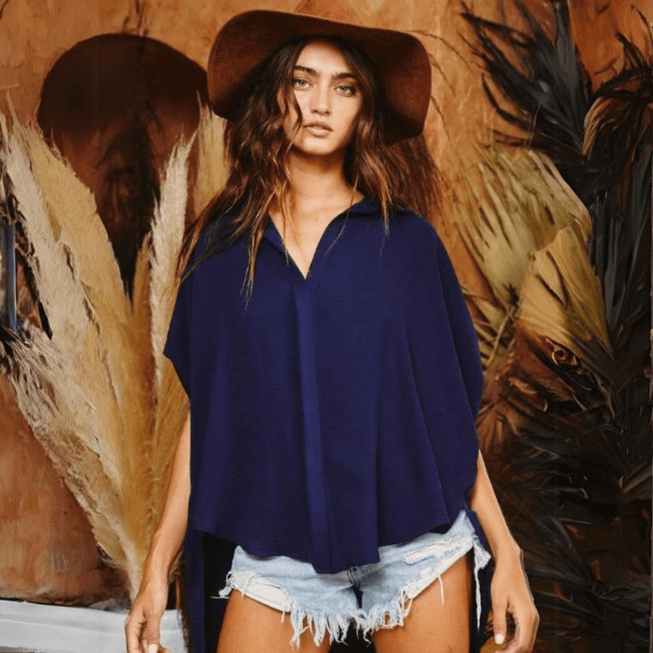 Bucket List Style T1702 Ladies Button Down Hidden Placket High Low Top in Navy | Made in USA |  Classy Cozy Cool Made in America Boutique