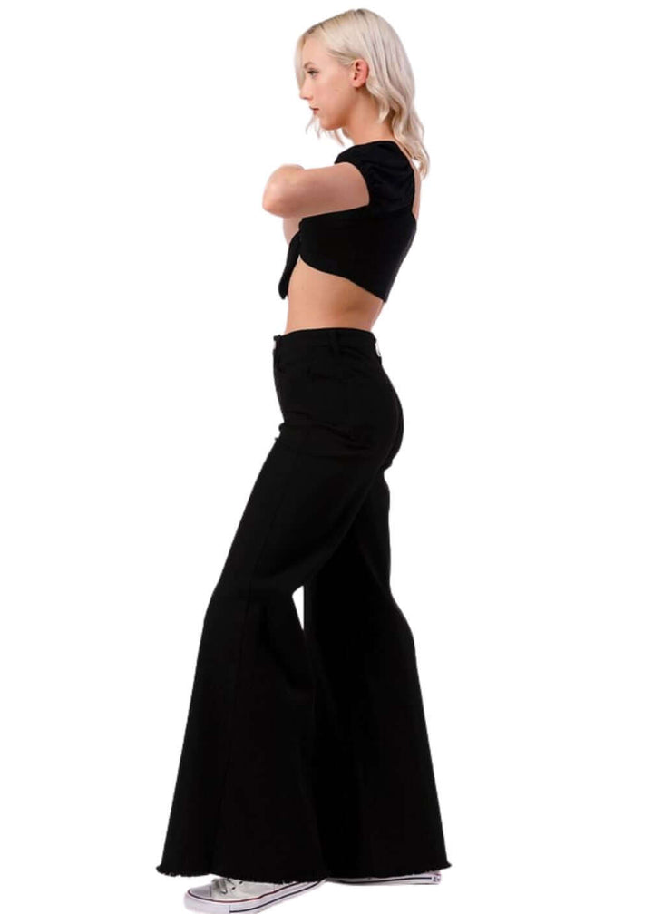 Black O2 Denim 505 High Waist Flare Jeans | Style PW505 | Women's fashion clothing made in the USA | Classy Cozy Cool American Boutique