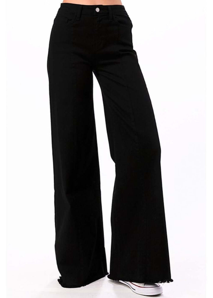 Black O2 Denim 505 High Waist Flare Jeans | Style PW505 | Women's fashion clothing made in the USA | Classy Cozy Cool American Boutique
