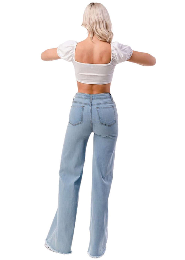 O2 Denim 505 High Waist Flare Jeans in Light Denim | Style PW505 | Women's fashion clothing made in the USA | Classy Cozy Cool American Boutique