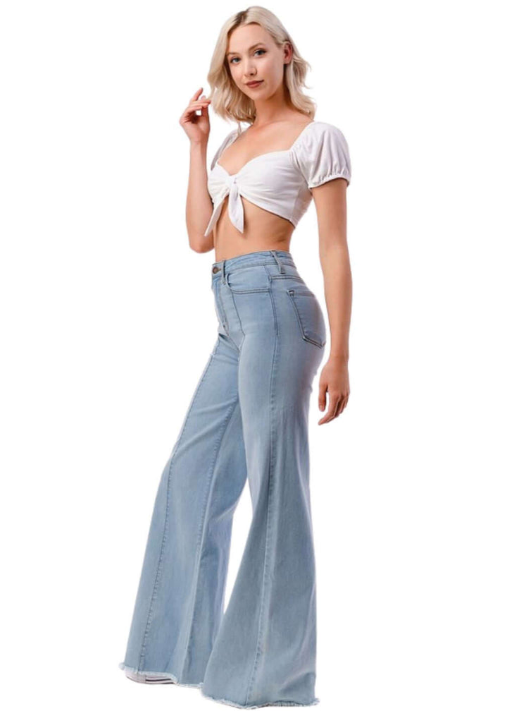 O2 Denim 505 High Waist Flare Jeans in Light Denim | Style PW505 | Women's fashion clothing made in the USA | Classy Cozy Cool American Boutique