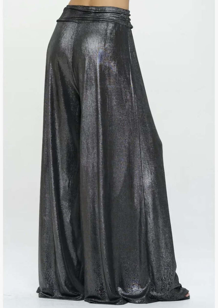 Women's Metallic Palazzo Pants with Fold Over Waist with Side Pockets Draped Fit in Gunmetal | Renee C. Style# 4568PT | Classy Cozy Cool Women's Made in America Clothing Boutique