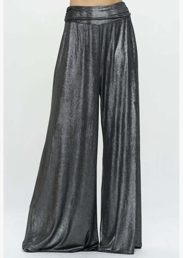 Women's Metallic Palazzo Pants with Fold Over Waist with Side Pockets Draped Fit in Gunmetal | Renee C. Style# 4568PT | Classy Cozy Cool Women's Made in America Clothing Boutique