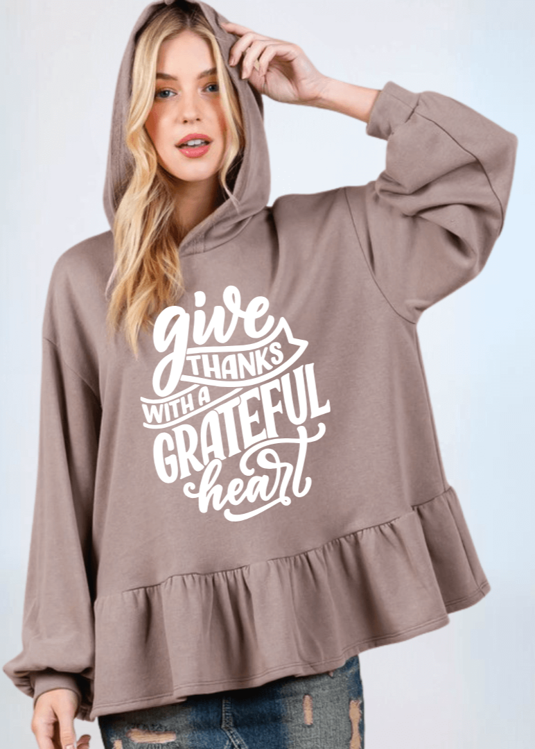 Made in USA Women's Give Thanks Large Graphic Baby Doll Oversized Hoodie with Flounce Ruffle Hem and Long Balloon Sleeves, Banded Cuffs, Oversized Fit in Mocha