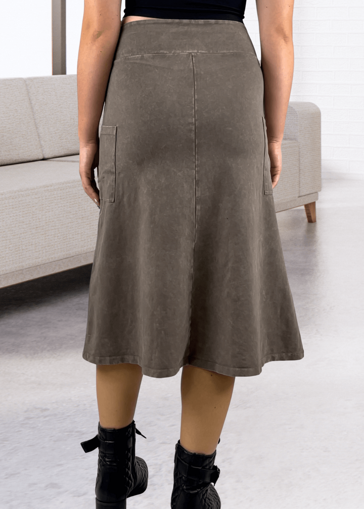 Made in USA Women's All Season Versatile Mineral Washed Cotton Stretch Midi Skirt, Side Patch Pockets, High Waist, Comfortable & Soft 4 Way stretch in Desert Taupe | Classy Cozy Cool Made in America Boutique