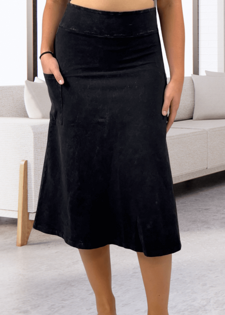 Made in USA Women's All Season Versatile Mineral Washed Cotton Stretch Midi Skirt, Side Patch Pockets, High Waist, Comfortable & Soft 4 Way stretch in Black Denim | Classy Cozy Cool Made in America Boutique