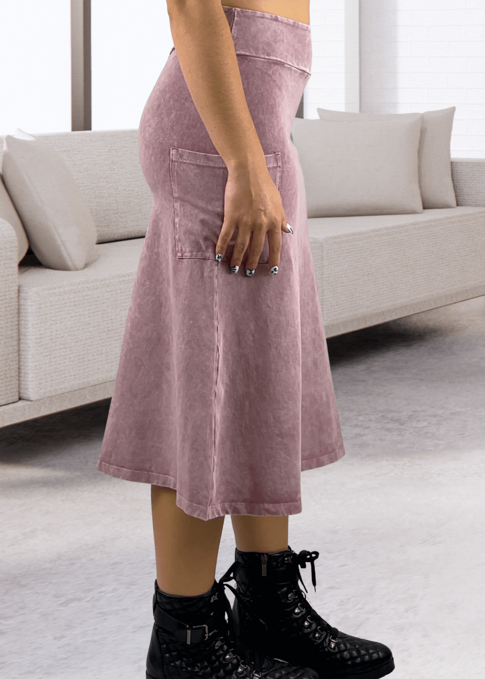 Made in USA Women's All Season Versatile Mineral Washed Cotton Stretch Midi Skirt, Side Patch Pockets, High Waist, Comfortable & Soft 4 Way stretch in Pink Denim | Classy Cozy Cool Made in America Boutique