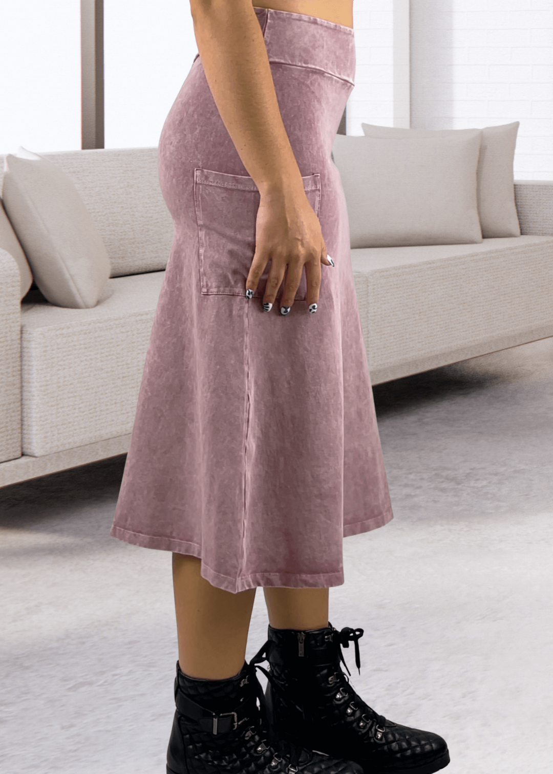 Made in USA Women's All Season Versatile Mineral Washed Cotton Stretch Midi Skirt, Side Patch Pockets, High Waist, Comfortable & Soft 4 Way stretch in Pink Denim | Classy Cozy Cool Made in America Boutique