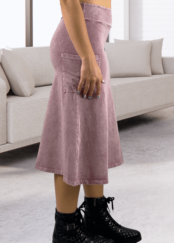Made in USA Women's All Season Versatile Mineral Washed Cotton Stretch Midi Skirt, Side Patch Pockets, High Waist, Comfortable & Soft 4 Way stretch in Pink Denim | Classy Cozy Cool Made in America Boutique