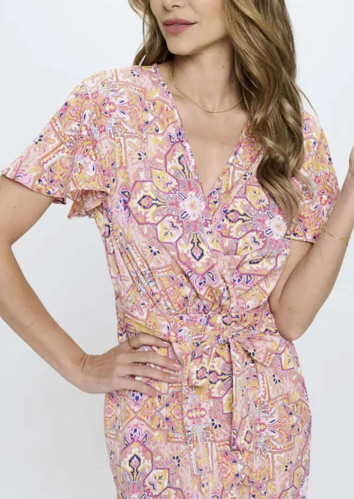 Ladies Pink Floral Print Tulip Hem Jersey Midi Wrap Dress with Flutter Sleeves | Renee C. Style #4547DR | Made in USA | Classy Cozy Cool Clothing Boutique