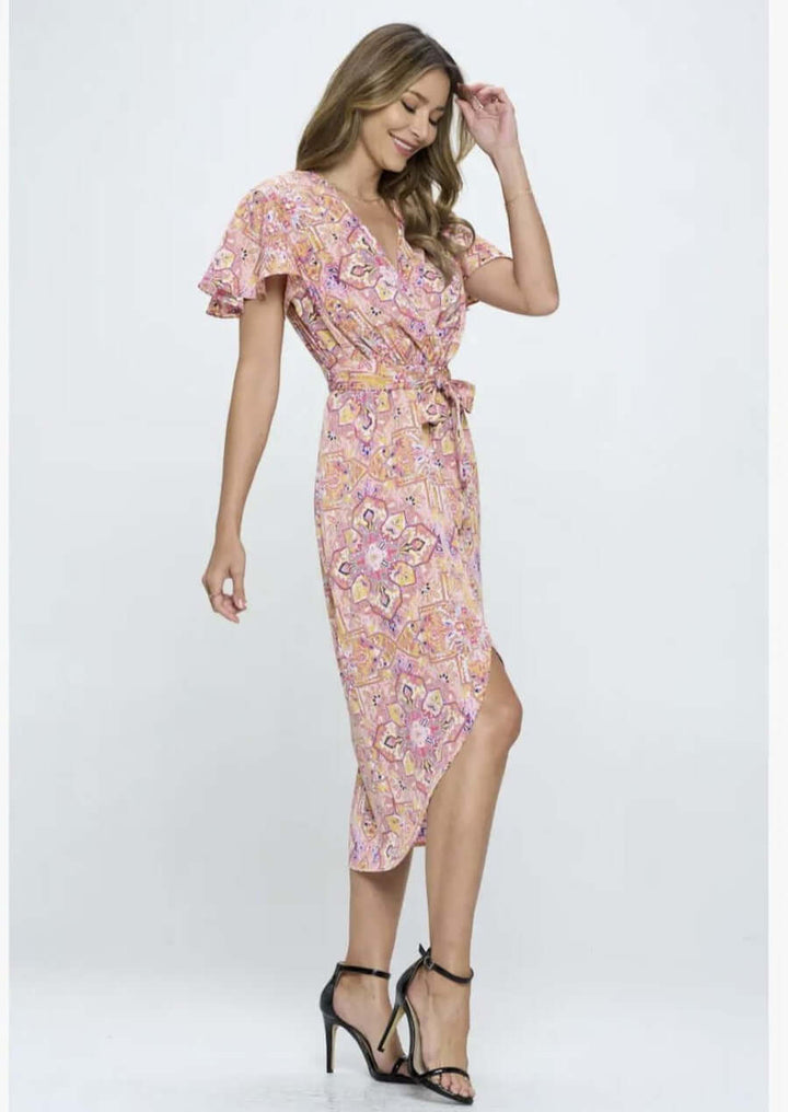 Ladies Pink Floral Print Tulip Hem Jersey Midi Wrap Dress with Flutter Sleeves | Renee C. Style #4547DR | Made in USA | Classy Cozy Cool Clothing Boutique