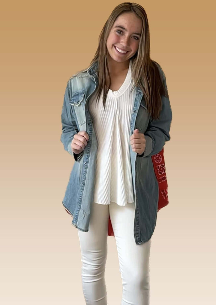 Jaded Gypsy Cowtown Denim Snap Down Boho Design Denim Shirt Jacket with Red Handkerchief Back Panel in Medium Distressed Denim | Made In USA