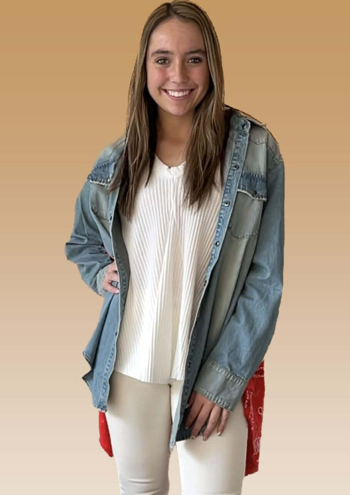 Jaded Gypsy Cowtown Denim Snap Down Boho Design Denim Shirt Jacket with Red Handkerchief Back Panel in Medium Distressed Denim | Made In USA