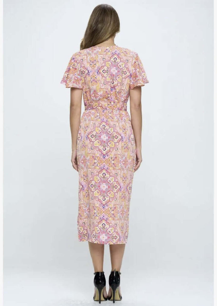 Ladies Pink Floral Print Tulip Hem Jersey Midi Wrap Dress with Flutter Sleeves | Renee C. Style #4547DR | Made in USA | Classy Cozy Cool Clothing Boutique