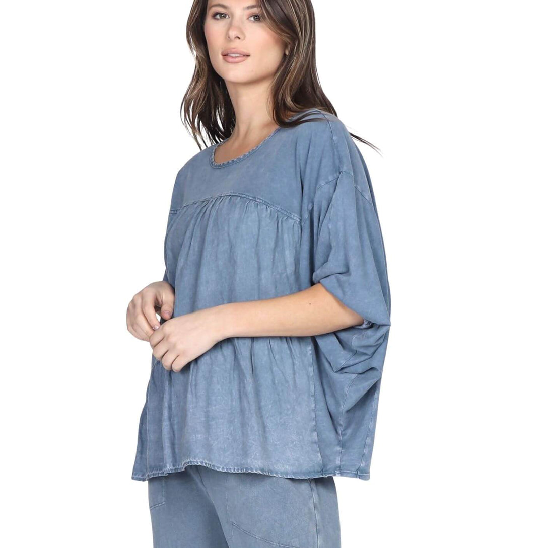 M. Rena Mineral Washed Oversized Linen Top with Pleating in Front | Style# S5000A | Made in USA | Natural Linen & Cotton Fabric | Ladies Made In America Clothing | Color: Denim Blue