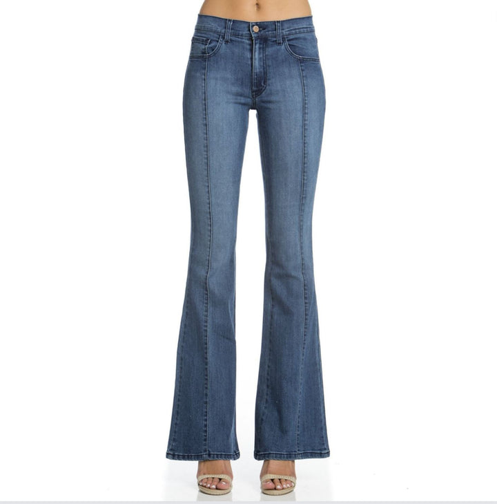 Made in USA Jeans | Rumor Has It Front Seam Flared Denim Jeans Medium Wash | O2 Denim Style PF3023 | Classy Cozy Cool Women’s Clothing Boutique