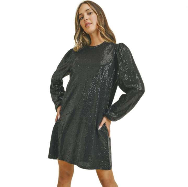 Woman's Glam Black Sequins Mini Dress for Holiday Party | Made in USA | Featuring shimmering sequins, long puff sleeves, and a figure-flattering cut