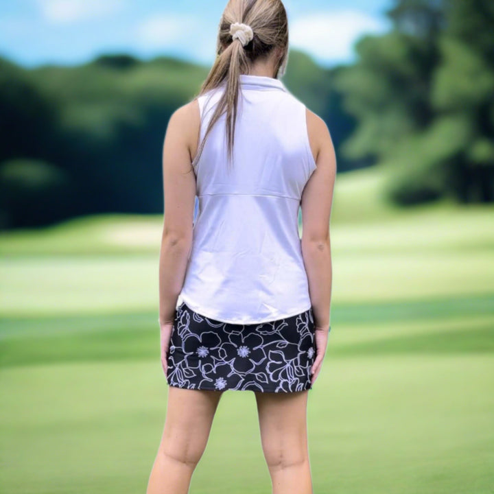 USA Made Ladies Active Wear Fairway Skort in Black & White Moonflower Print by Southwind Apparel | Made in USA | For Golf, Tennis, Pickleball, Lunch, Vacation Wear for Spring & Summer | Classy Cozy Cool Women's Made in America Boutique