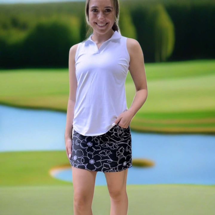 USA Made Ladies Active Wear Fairway Skort in Black & White Moonflower Print by Southwind Apparel | Made in USA | For Golf, Tennis, Pickleball, Lunch, Vacation Wear for Spring & Summer | Classy Cozy Cool Women's Made in America Boutique