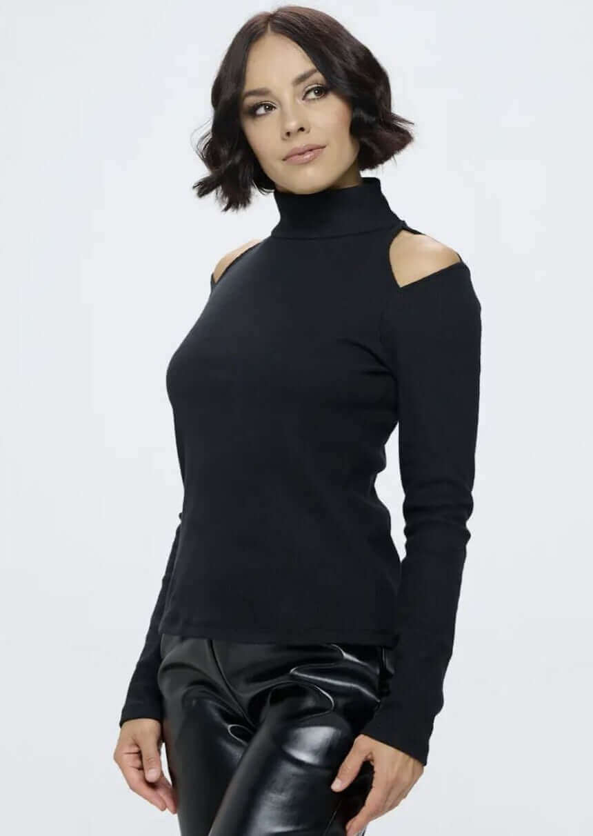 Renee C. Style: 4029TP | Women's Fitted Medium Weight Ribbed Knit Cold Shoulder Sweater Top in Black | Made in USA | Classy Cozy Cool Women's Made in America Boutique