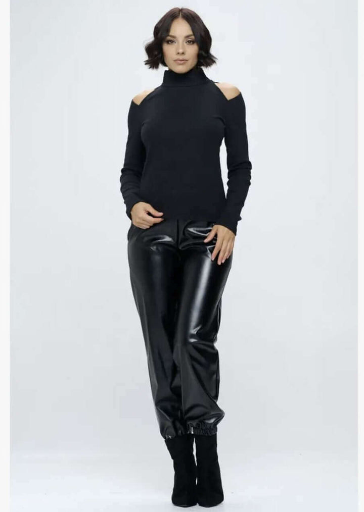 Renee C. Style: 4029TP | Women's Fitted Medium Weight Ribbed Knit Cold Shoulder Sweater Top in Black | Made in USA | Classy Cozy Cool Women's Made in America Boutique