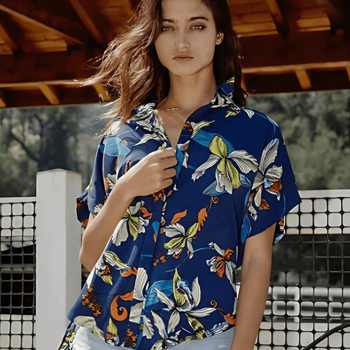 Bucket List Style T1702 Ladies Button Down Hidden Placket High Low Top in Navy Blue Tropical Print | Made in USA | Women's Clothing Made in America