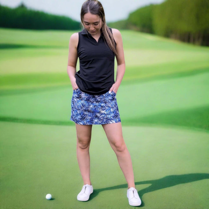 Ladies Active Wear Fairway Skort in Navy Palm Print by Southwind Apparel | Made in USA | For Golf, Tennis, Pickleball, Lunch, Vacation Wear for Spring & Summer | Classy Cozy Cool Women's Made in America Boutique