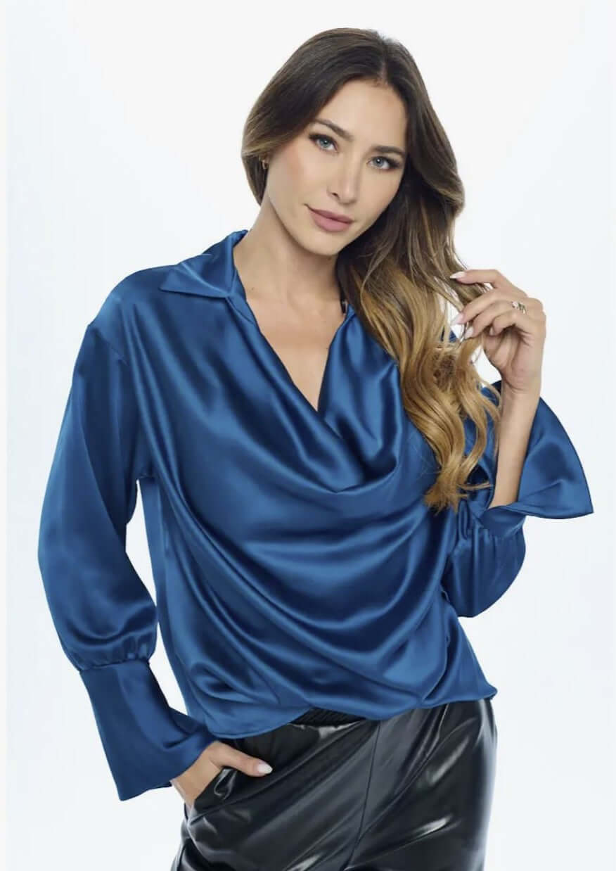 Made in USA | Renee C Style# 4586TP | Ladies Long Sleeve Ladies Dressy Satin Cowl Neck Top with Split Cuffs in Teal | Classy Cozy Cool Women's Made in America Clothing Boutique