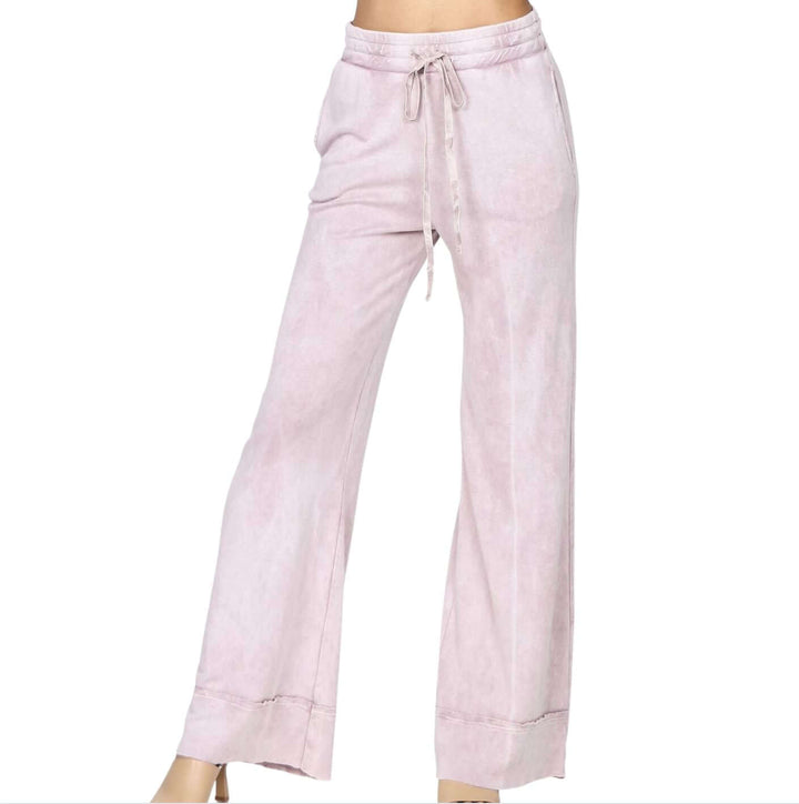 USA Made M. Rena Style# S4870 Ladies Mineral Washed Wide Leg Flare Bottom Raw Edge Loungewear Pants | Cotton & Modal Soft Fabric | Clothing Made in America | Color: Misty Mauve