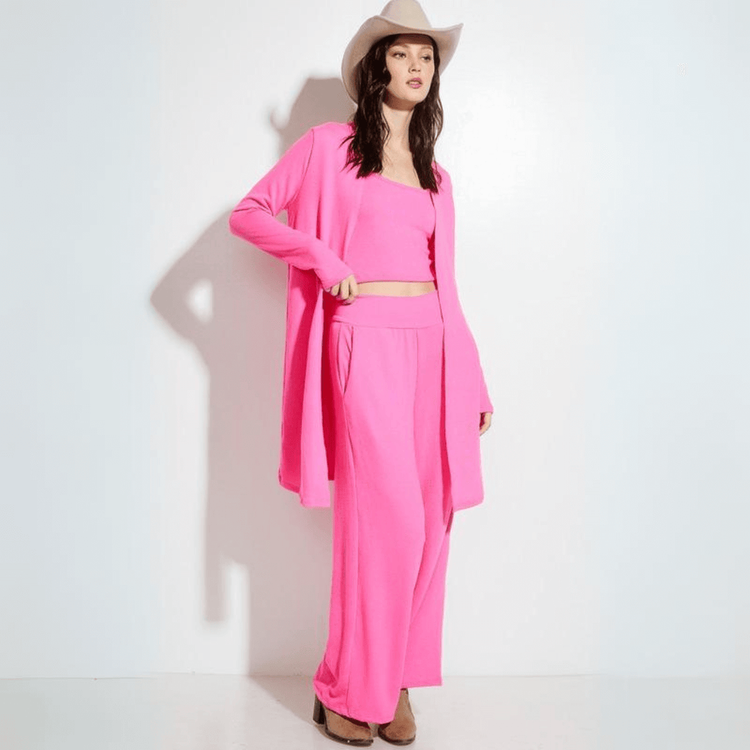 USA Made Women's Cozy Loungewear Fuchsia Pink Soft Ribbed 3 Piece Lounge Set Cardigan, Tank Top & Pants | Classy Cozy Cool Women's Made in America Boutique