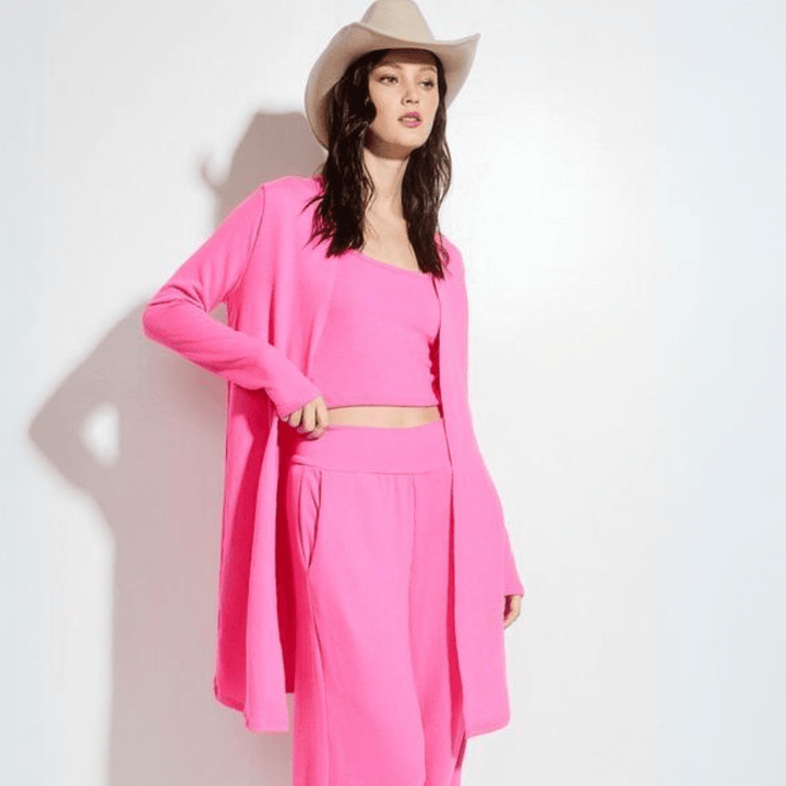 USA Made Women's Cozy Loungewear Fuchsia Pink Soft Ribbed 3 Piece Lounge Set Cardigan, Tank Top & Pants | Classy Cozy Cool Women's Made in America Boutique