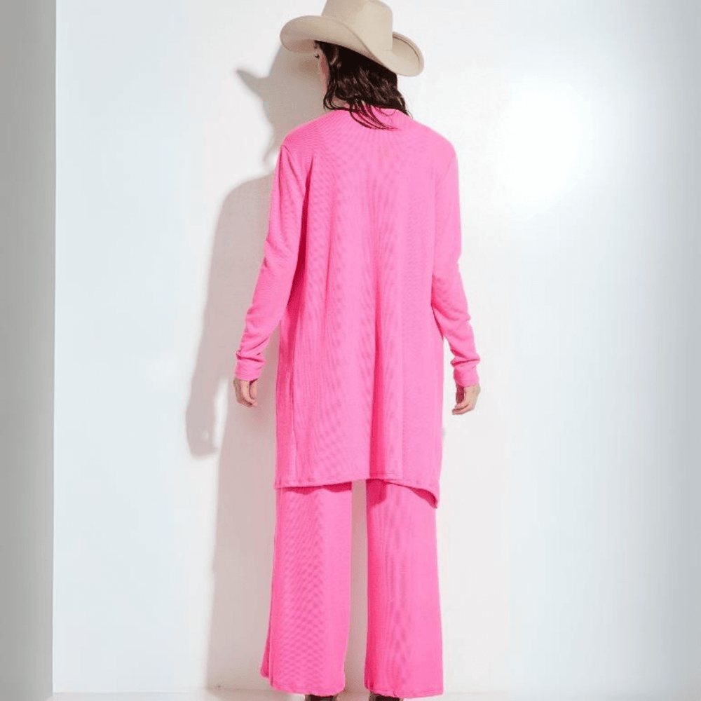 USA Made Women's Cozy Loungewear Fuchsia Pink Soft Ribbed 3 Piece Lounge Set Cardigan, Tank Top & Pants | Classy Cozy Cool Women's Made in America Boutique