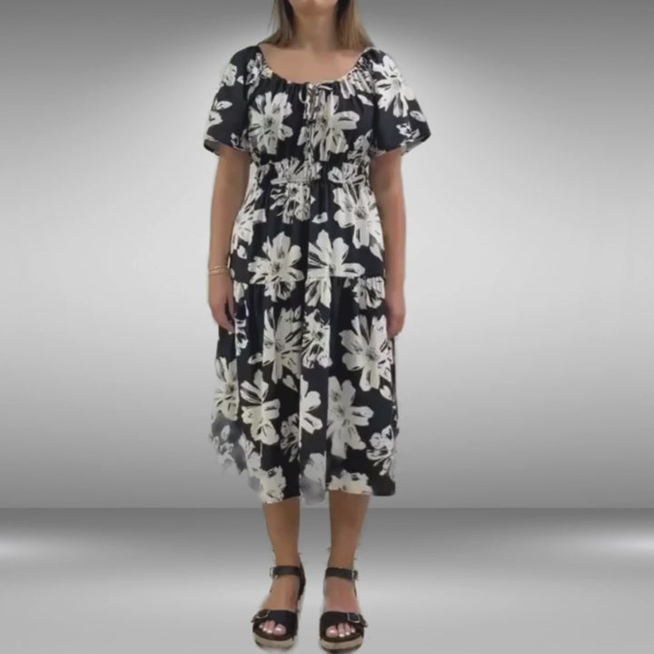 Made in USA Women's Floral Smocked Midi Dress, Short Flutter Sleeves, Square Neck, Off The Shoulder,  Side Pockets, Rayon and Nylon, Machine Wash | Classy Cozy Cool Women's Made in America Boutique