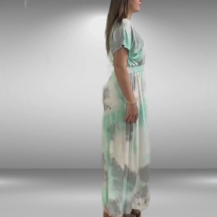 Made in USA Women's Mint Tie Dye Surplice V-Neck Maxi Dress with Kimono Short Sleeves and Smocked Waist, 96% Rayon 4% Spandex | Classy Cozy Cool Made in America Boutique