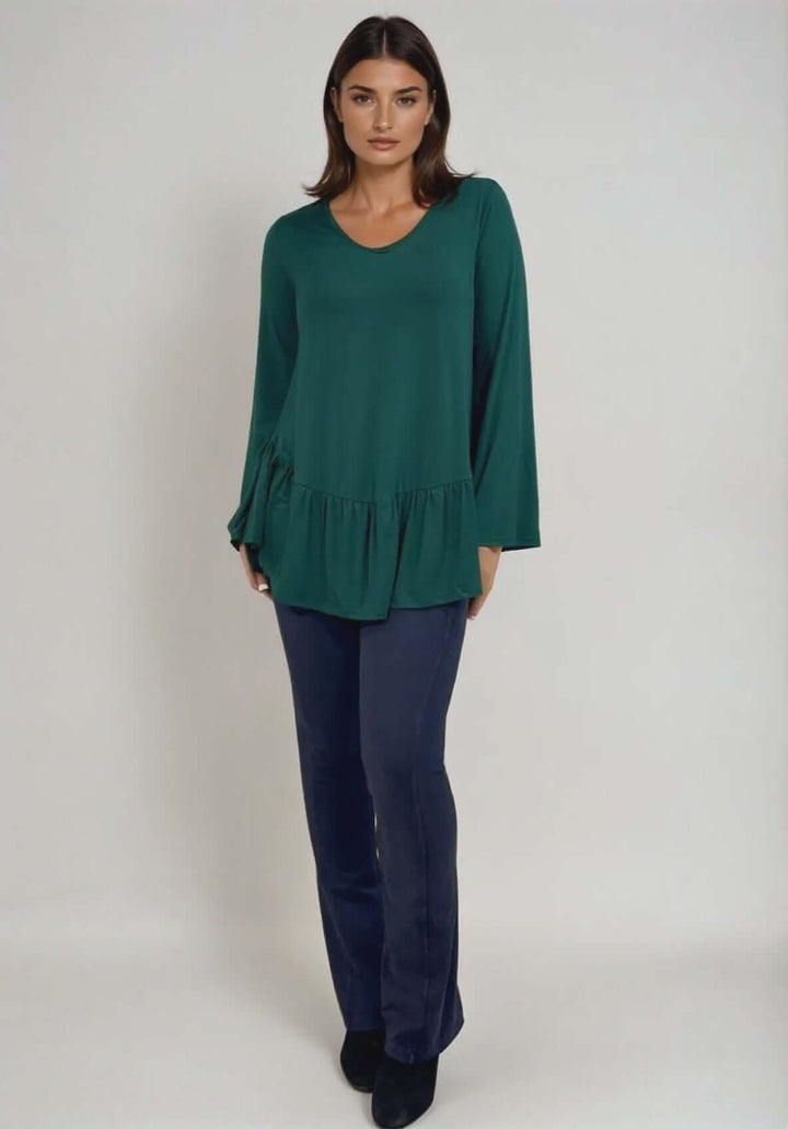 Made in USA Women's Hunter Green Flare Sleeve Tunic with Flounce Ruffle Hem, V-Neck, Lightweight and Flowy, Super Soft, 95% Rayon, 5% Spandex Machine Wash, Tumble Dry Low Style C11316 | Classy Cozy Cool Made in USA Boutique