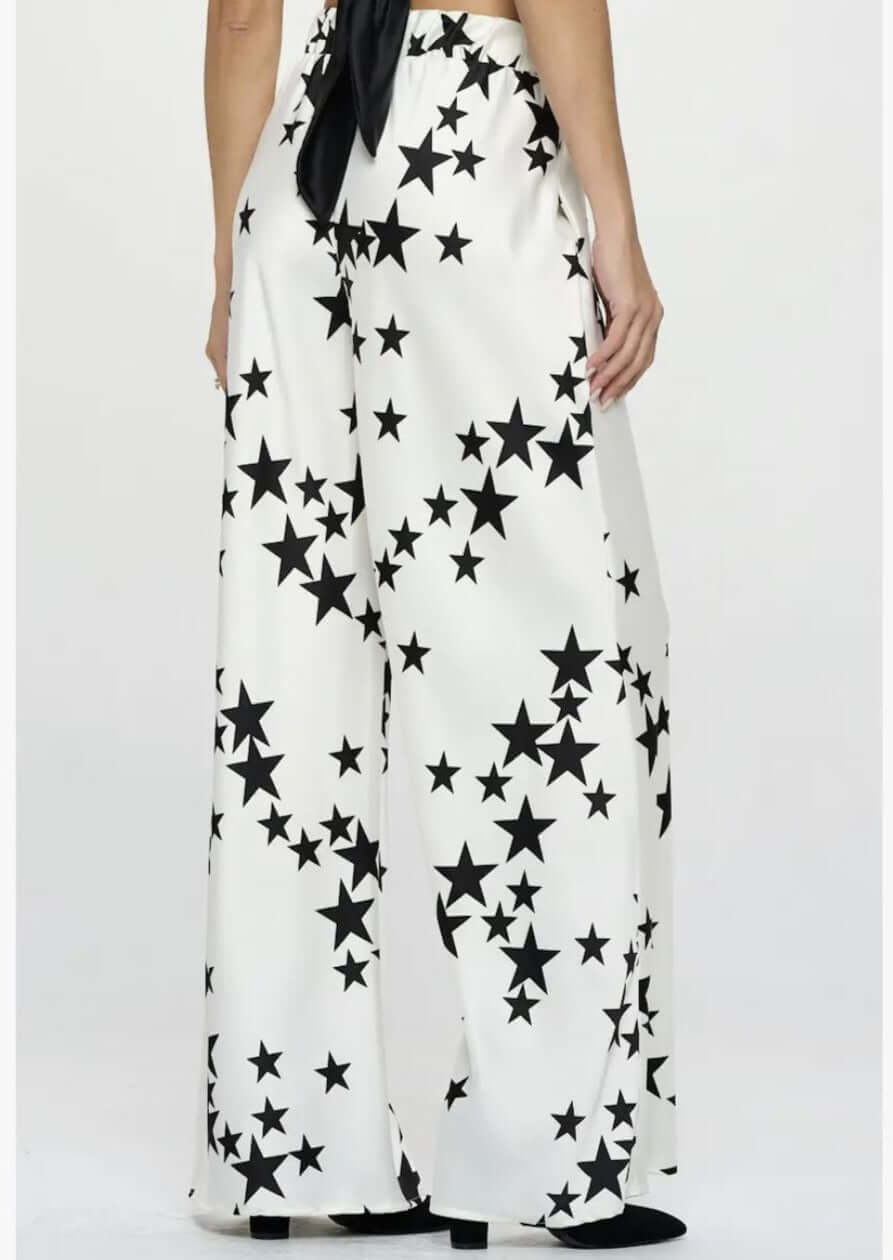 USA Made Ladies White with Black Star Print Wide Leg Pants with Pockets made from Stretch Satin Material | Renee C. Style# 4596PTC | Classy Cozy Cool Women's Made in America Boutique