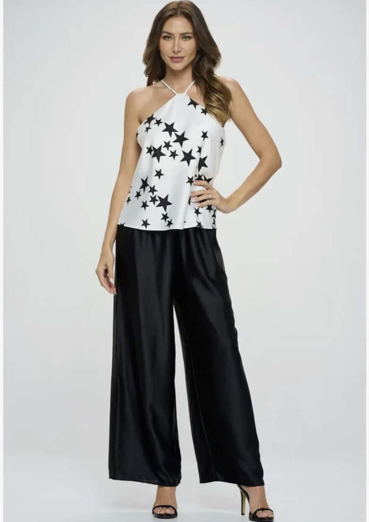 USA Made Missy Black & White Star Print Racerback Style Strappy Tank Top made from Stretch Satin Material | Renee C. Style# 4656TPA | Classy Cozy Cool Women's Made in America Clothing Boutique
